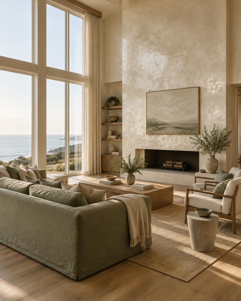 Luxury coastal living room with hand troweled Venetian plaster wall