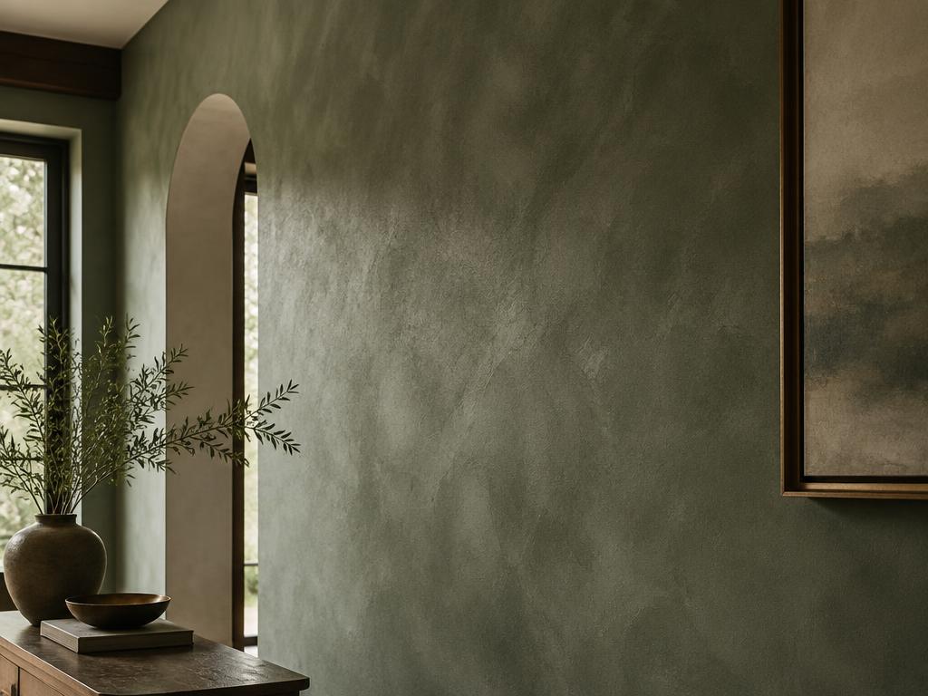 Hand troweled limewash wall in soft sage green with cloudy tonal texture